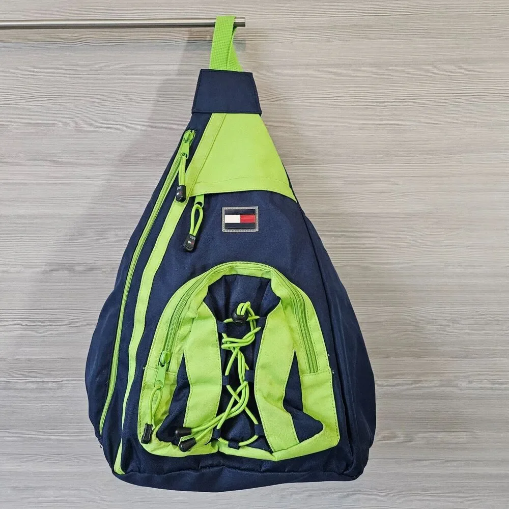 Tommy Hilfiger Logo Blue Lime Green Crossbody Sling Ergo Bag Backpack Vintage